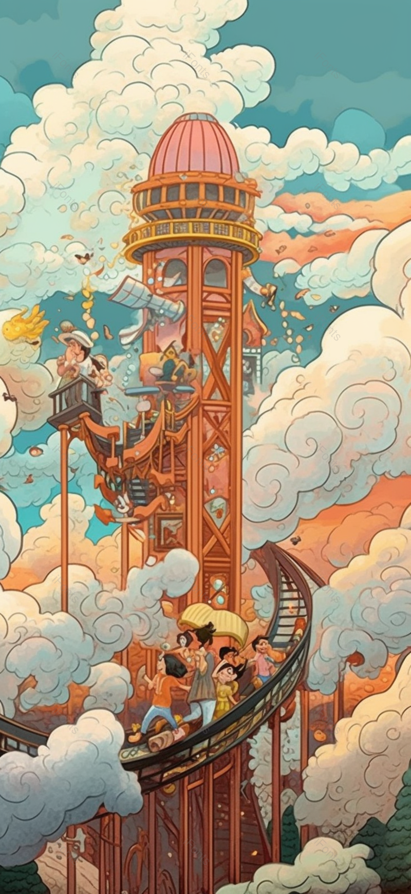 旋转楼梯六一儿童节游乐园城堡天空云朵梦幻奇幻建筑插画,插画/手绘图,插画/手绘图库,插画/手绘图下载,插画/手绘
